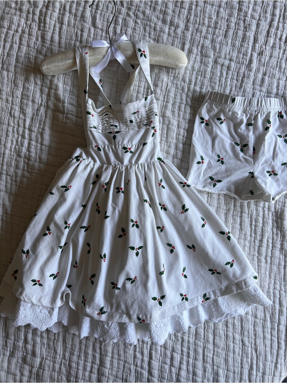 SweetHoney White Holiday Dress with Green and Red Holly Motif